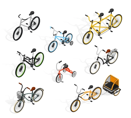 Bicycle isometric set of isolated adult and kids bike images with tandem cycle and burley cub vector illustration