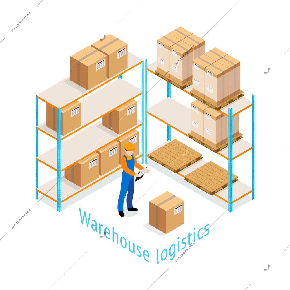 Warehouse logistics isometric design with worker doing inventory of goods stored on shelves 3d vector illustration