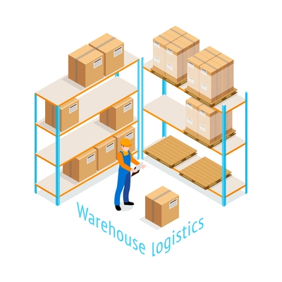 Warehouse logistics isometric design with worker doing inventory of goods stored on shelves 3d vector illustration