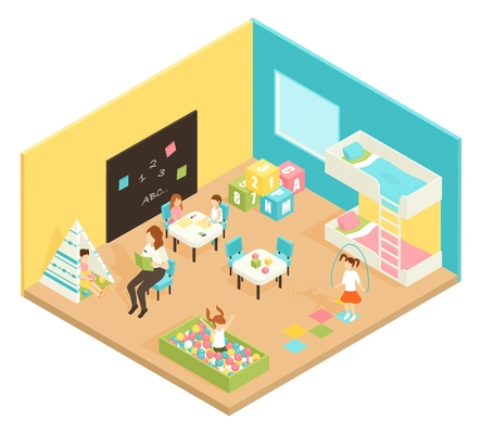 Kindergarten play room isometric design concept with teacher and children engaged in educational and outdoor games vector illustration