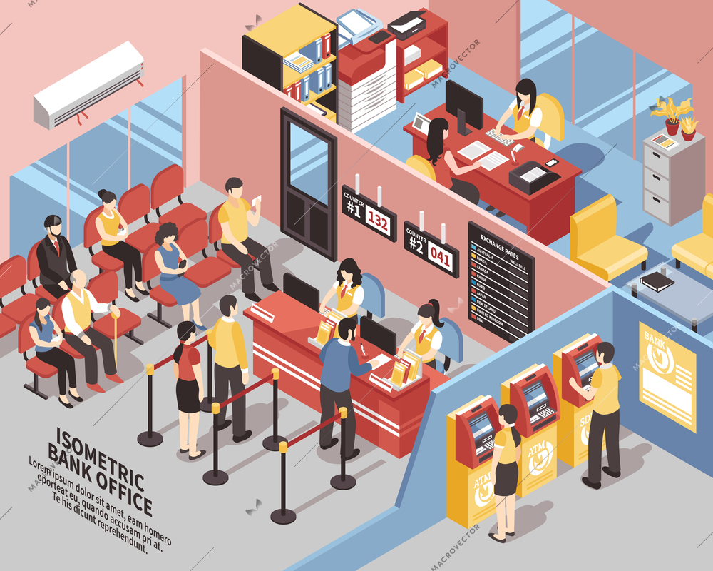 Bank office with interior elements, clients near workers and atms, in waiting area isometric vector illustration