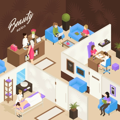 Beauty salon isometric design concept with receptionist waiting customers and working staff vector illustration