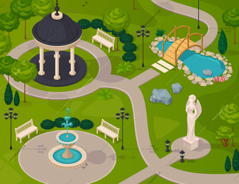 Park landscape isometric design composition with gazebo statue fountain lake walking path vector illustration