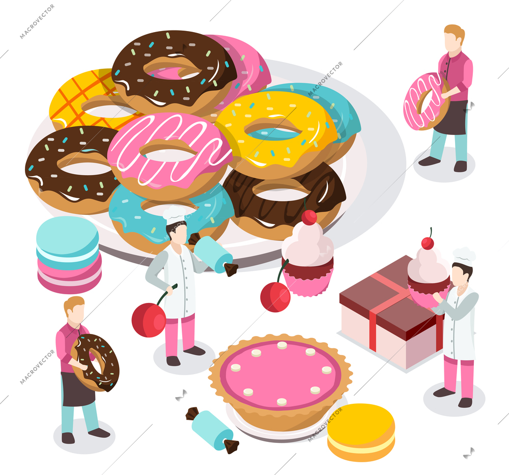 Sweet shop isometric composition with bakers and waiters, donuts, macaroons, cupcake, carton on white background vector illustration