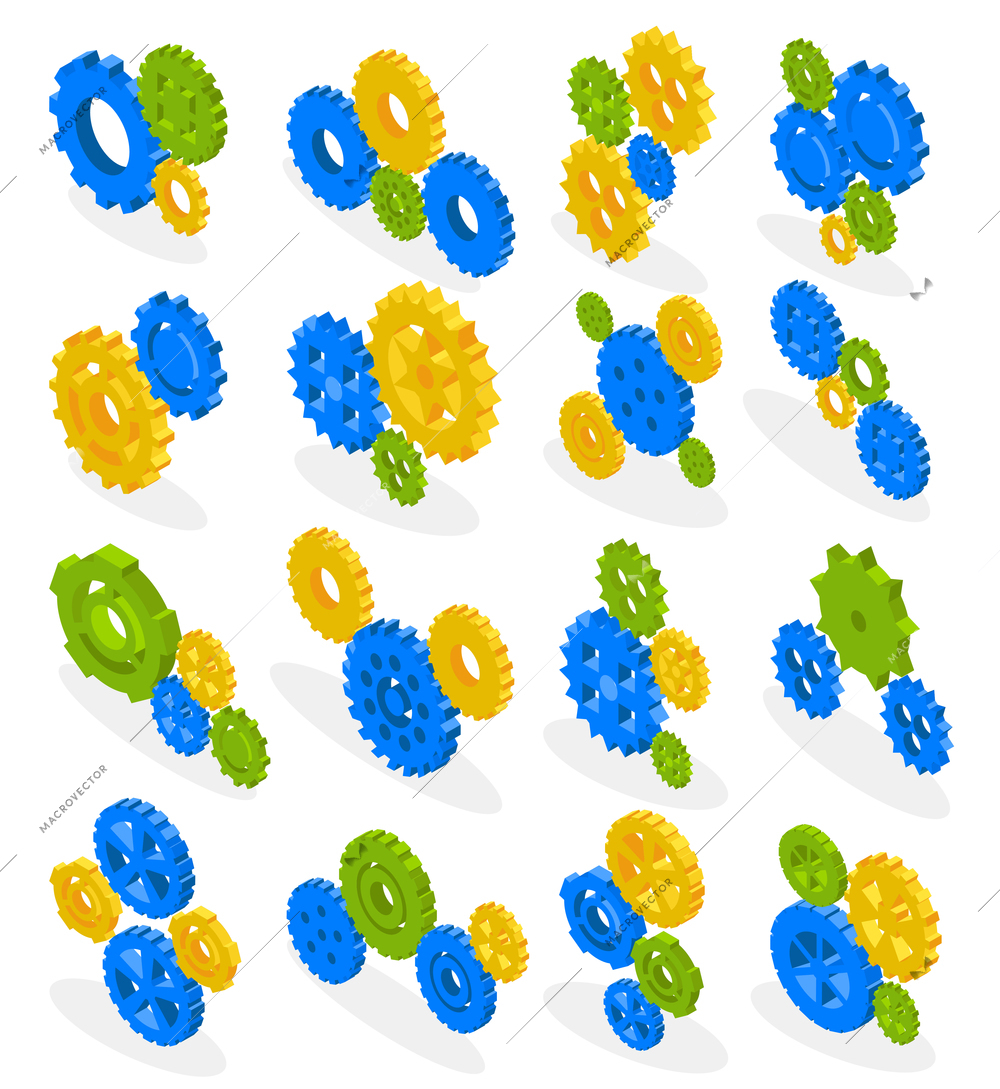 Gears isometric collection with isolated gearwheels of different shape and colour with shadows on white background vector illustration