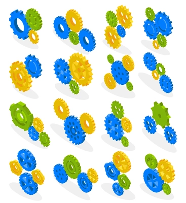 Gears isometric collection with isolated gearwheels of different shape and colour with shadows on white background vector illustration