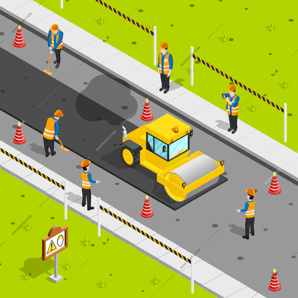 Construction icons isometric composition with steam roller laying asphalt on roadway with safety cones and workers vector illustration