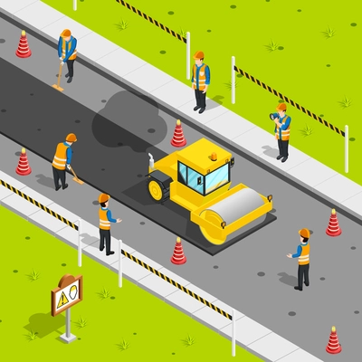 Construction icons isometric composition with steam roller laying asphalt on roadway with safety cones and workers vector illustration