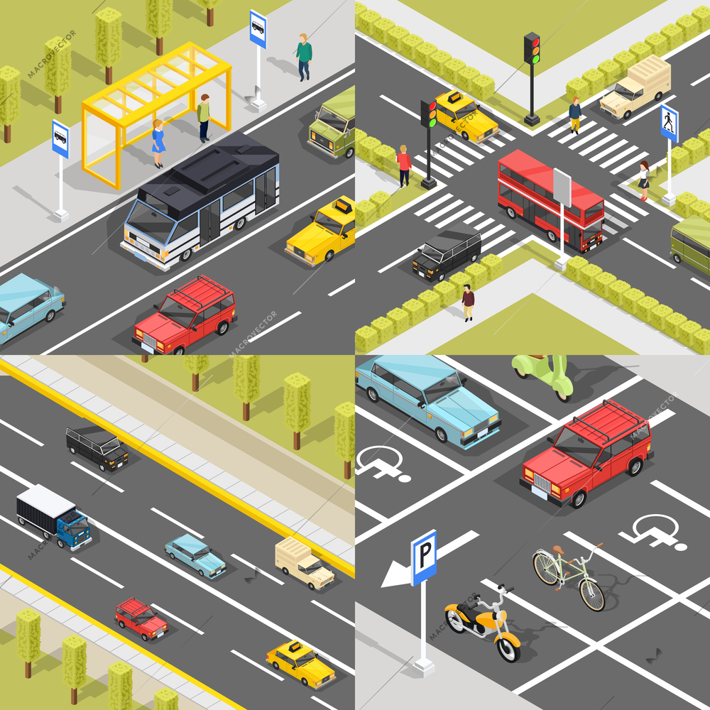 Transport banners set of square isometric compositions with city streets traffic area crossing intersection and parking vector illustration