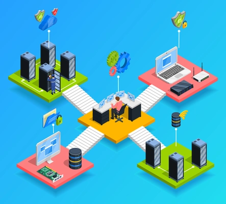Isometric datacenter composition with cloud computing pictograms and isometric images of different telehouse rooms connected by stairs vector illustration