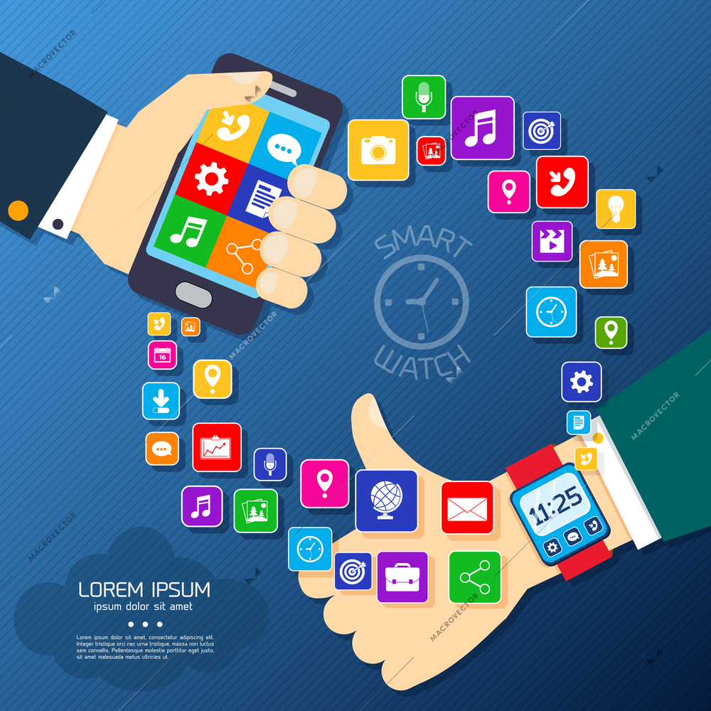 Smart watch smartphone synchro concept with thumbs up hand and mobile phone applications icons vector illustration
