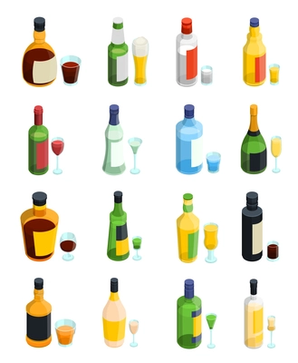 Colored isometric alcohol icon set with isolated bottles and different kinds of glass goblets vector illustration