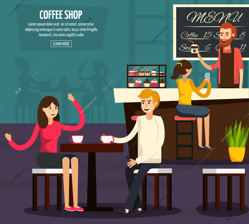 Colored cafe worker flat composition with two people who sit and drink coffee vector illustration