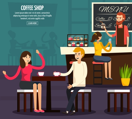 Colored cafe worker flat composition with two people who sit and drink coffee vector illustration