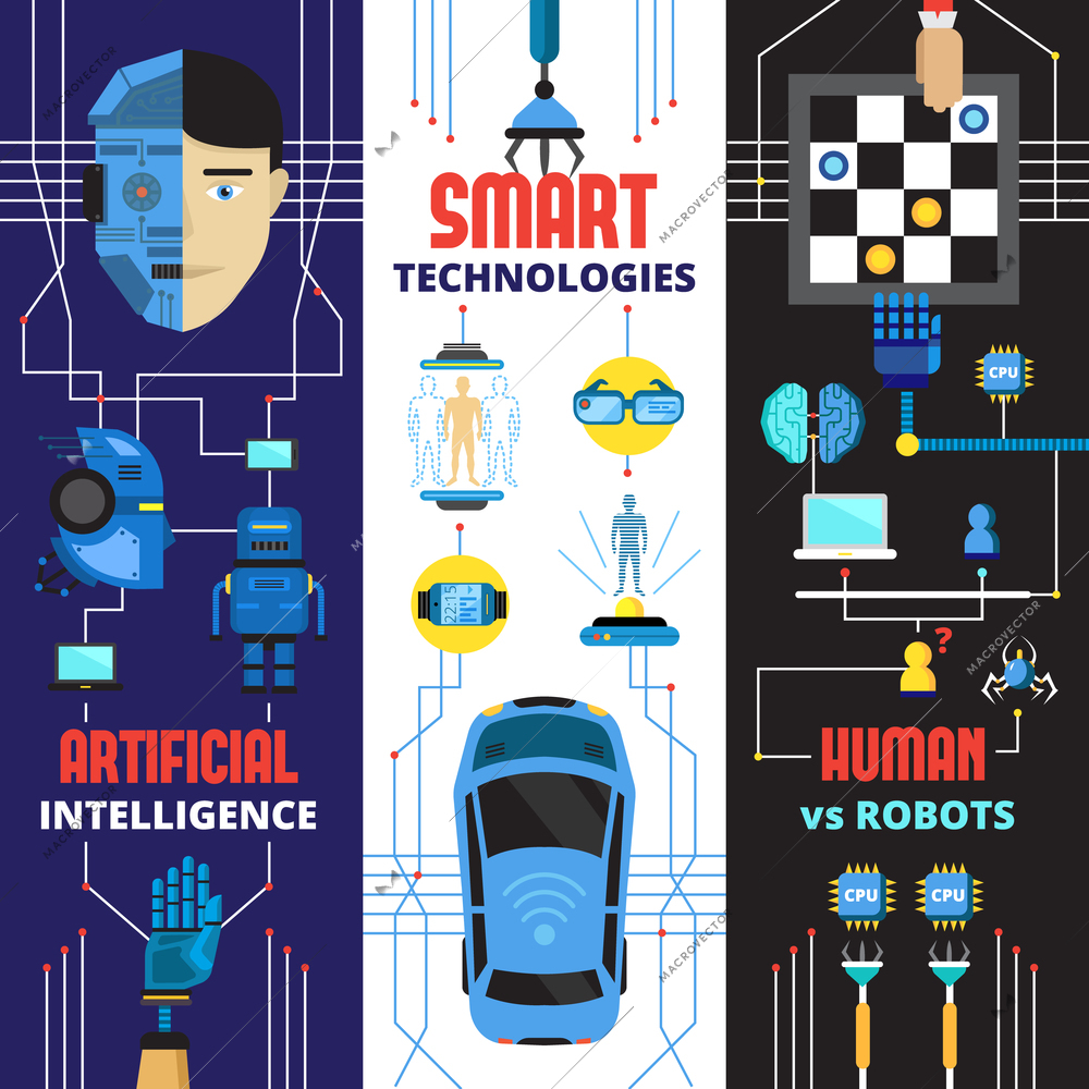 Artificial intelligence vertical banners collection with flat doodle images of cyborg robots and futuristic technologies elements vector illustration