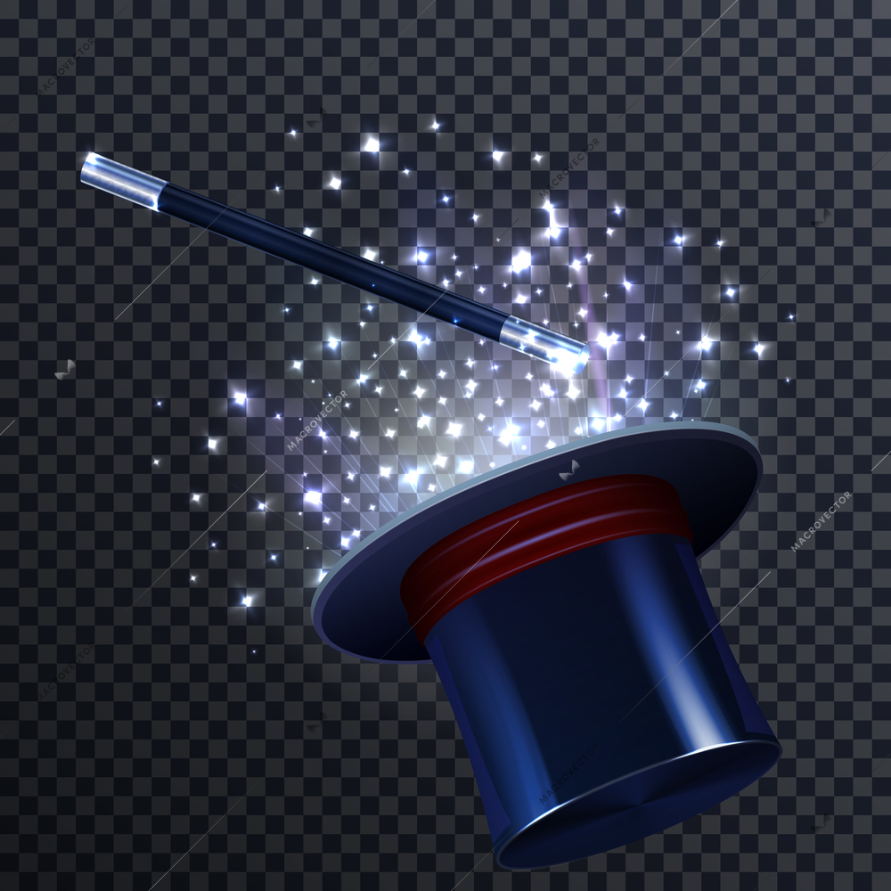 Tale composition with glittering effect magic wand and magician hat on transparent background realistic vector illustration