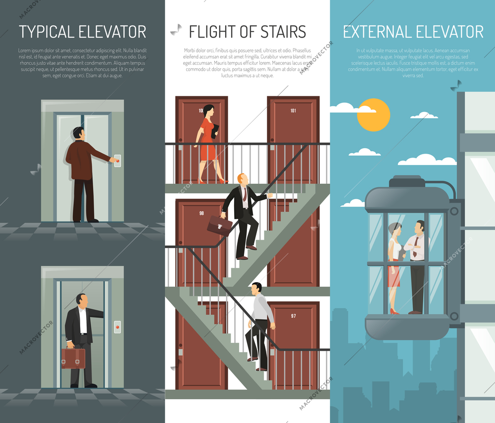 Three escalator stairs vertical banner set with typical elevator flight of stairs and external elevator descriptions vector illustration