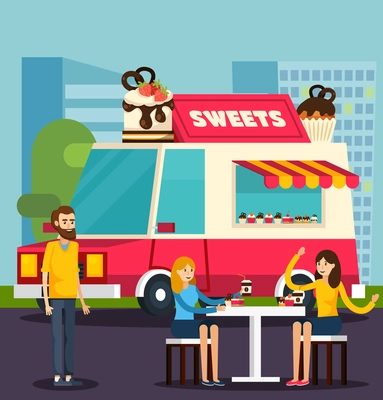 Colored sweets van orthogonal flat composition with couple man and woman on a date vector illustration