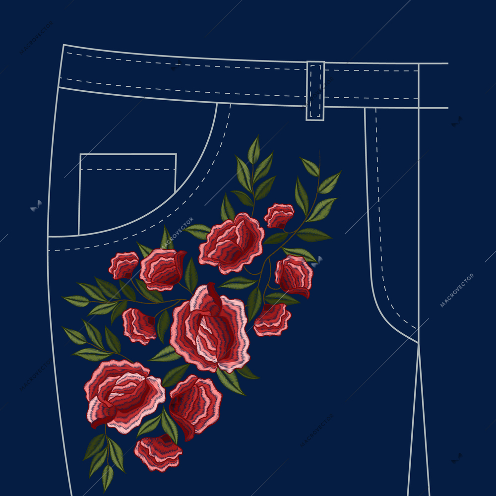 Lady jeans pants front pocket trendy decorative red roses floral folk style ornamental embroidery pattern vector illustration