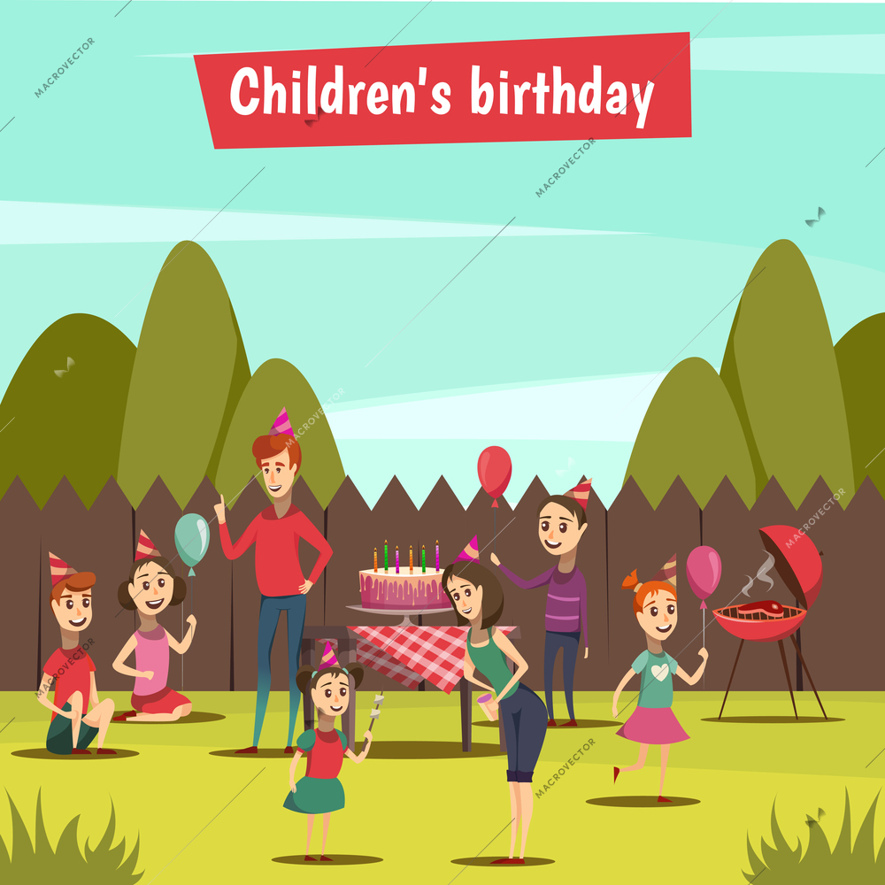 Childrens bithday party with barbecue and celebration symbols cartoon vector illustration