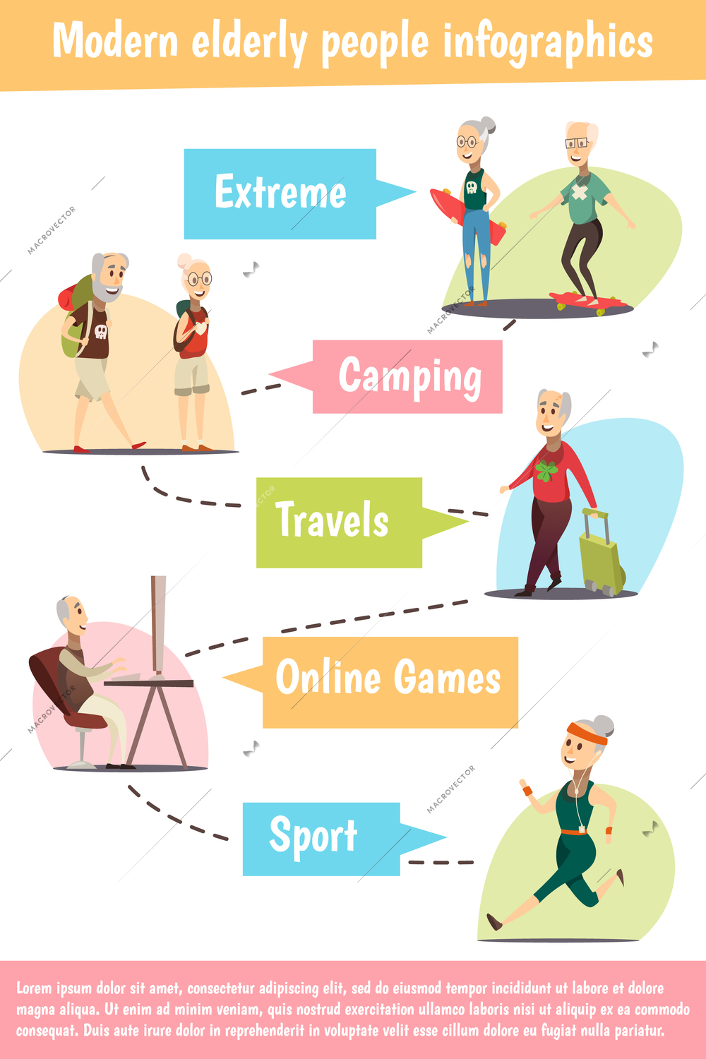 Modern elderly people infographic set with sport and games symbols cartoon vector illustration