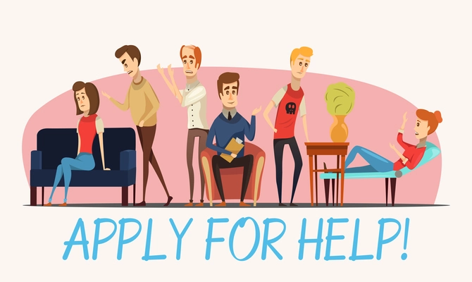 Apply for help to psychologist poster with specialist and patients with various problems flat vector illustration