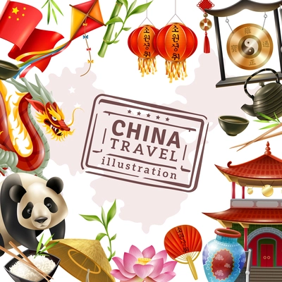 Colored china travel frame background with famous attractions and elements of traditional Chinese culture vector illustration