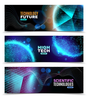 Geometric abstract shapes glowing in darkness 3 horizontal banners set scientific technology black background isolated vector illustration