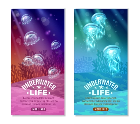 Underwater world colorful vertical banners set with transparent purple turquoise blue marine creatures isolated vector illustration