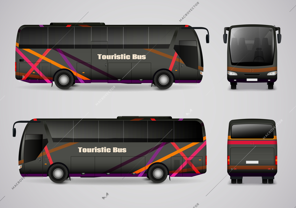 Set of frontal back right and left side images of touristic bus in realistic style vector illustration