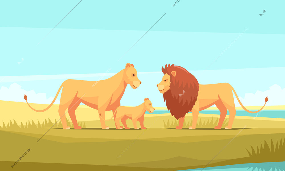 Lion farm nature background composition with doodle cartoon style great cats family and pristine wilderness scenery vector illustration