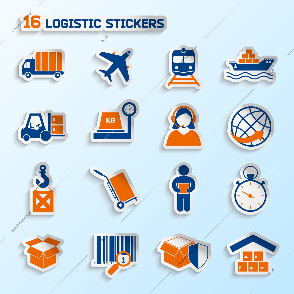 Logistic package transportation global urgent delivery stickers set vector illustration