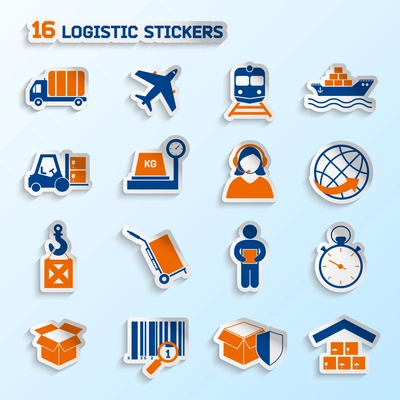 Logistic package transportation global urgent delivery stickers set vector illustration