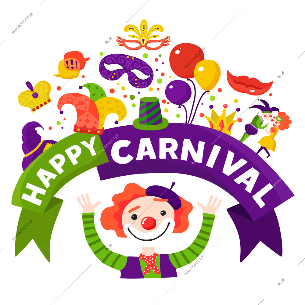 Mardi gras traditional carnival celebration invitation design  with happy harlequin and festive accessories icons composition vector illustration