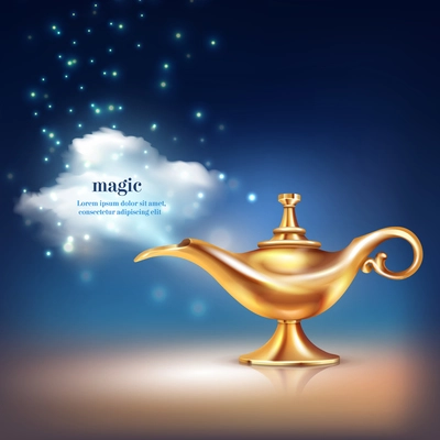 Aladdin lamp cloud conceptual composition of realistic golden vessel and magic particulate materials with editable text vector illustration