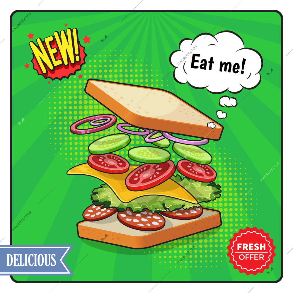 Advertising poster in comic style including sandwich with cheese salame vegetables on textured green background vector illustration