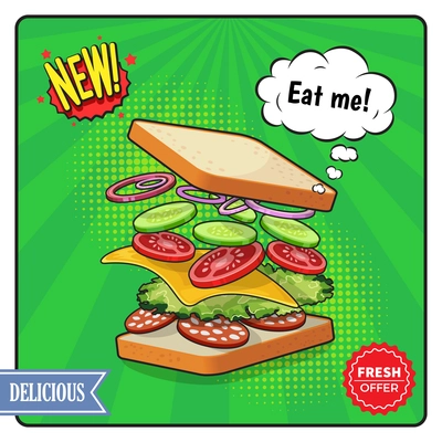 Advertising poster in comic style including sandwich with cheese salame vegetables on textured green background vector illustration