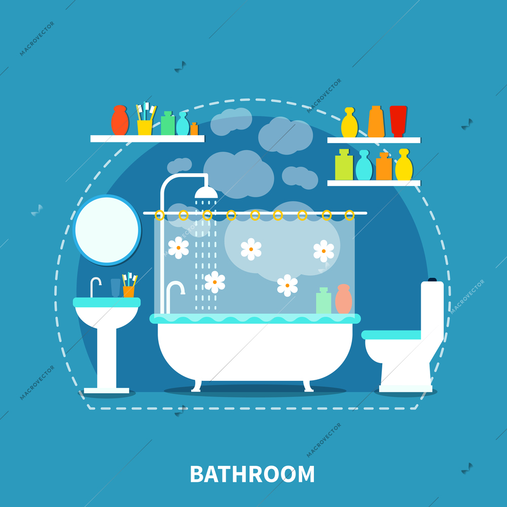 Bathroom interior concept with bath toilet and mirror on blue background flat vector illustration