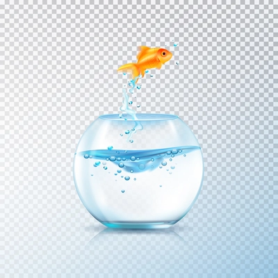 Fish jumping out bowl composition with realistic aquarium vessel and golden carp fish on transparent background vector illustration