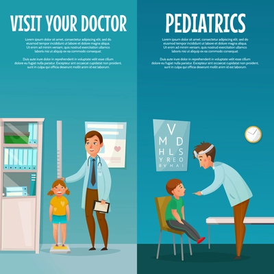 Pediatrician and kid vertical cartoon banners with measuring of height and examination of throat isolated vector illustration