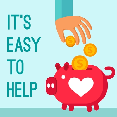 Charity donation poster in cartoon style with man hand lowering coins in piggy bank flat vector illustration