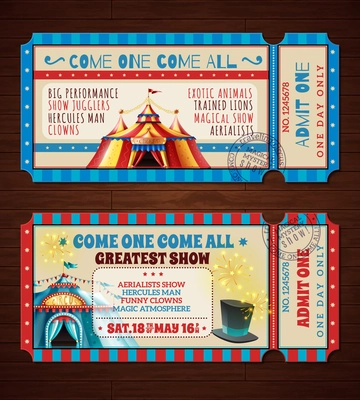 Travel circus retro entry tickets 2 banners set with with magic show striped tent isolated vector illustration