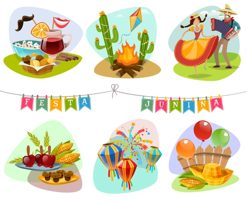 Festa junina isolated mini compositions with holiday decorations and traditional carnival accessories cartoon vector illustration