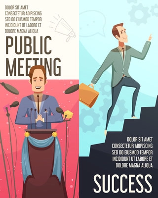 Businessmeeting vertical banners set with public meeting symbols cartoon isolated vector illustration