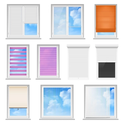 Window blinds colored flat set for office and creative home interior isolated on white background vector illustration