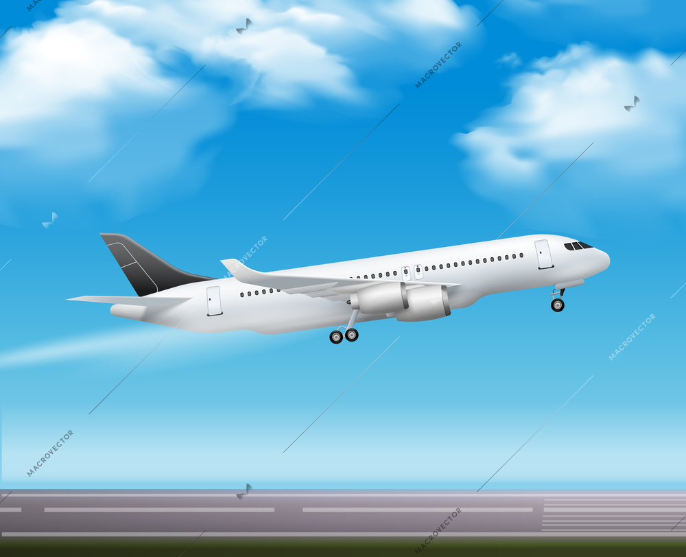 Large modern passenger airliner jet takeoff realistic air transportation services advertisement poster blue sky background vector illustration