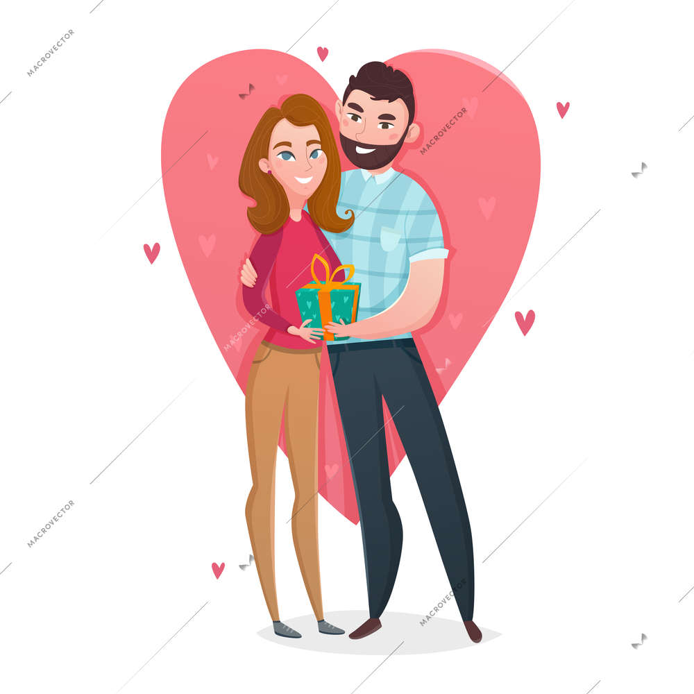Valentines day couple composition with pair of sweethearts flat characters in front of big drawn heart vector illustration