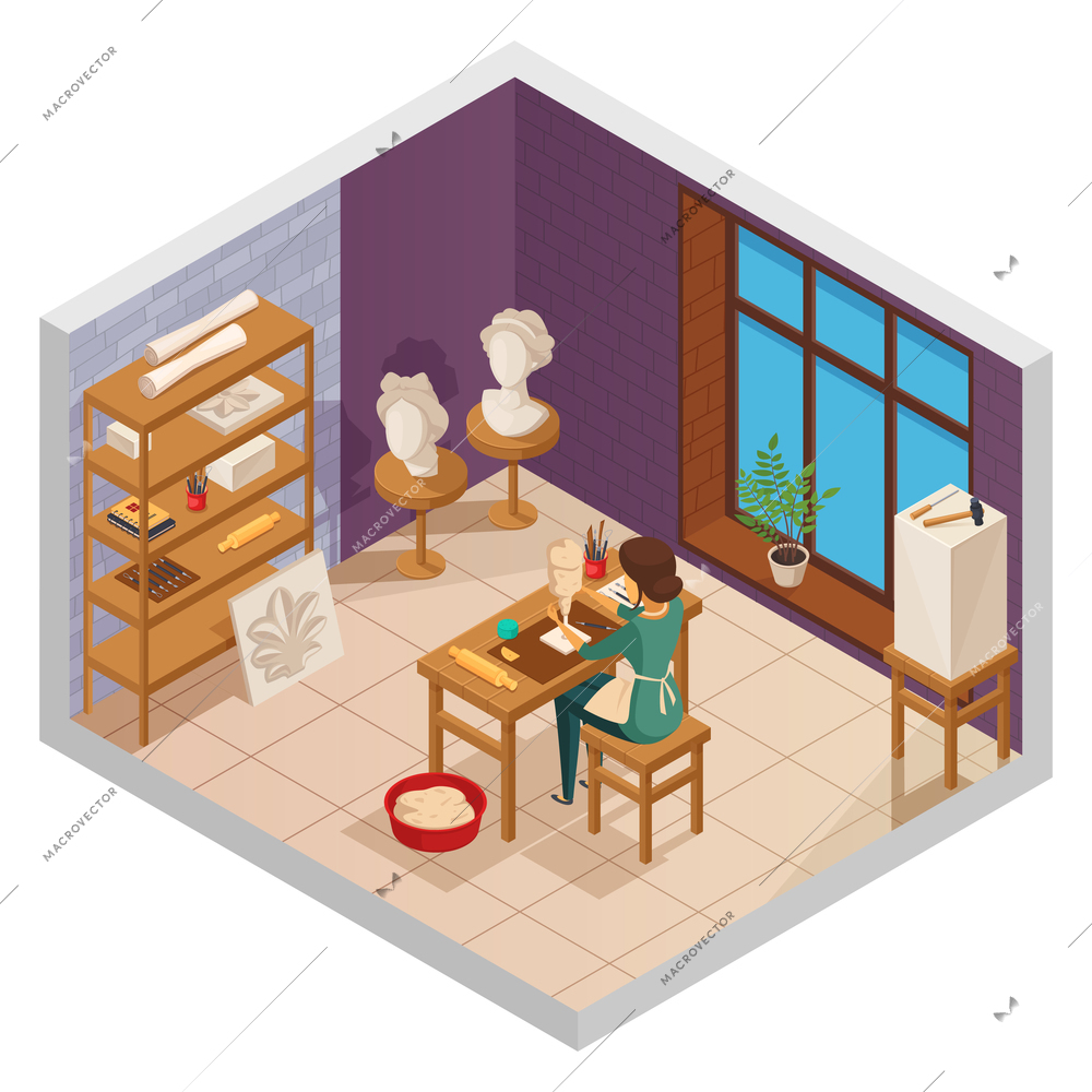 Art studio isometric interior with female sculptor at the table with training samples equipment and window vector illustration