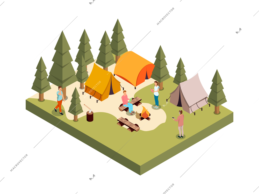 Outdoor forest party isometric composition with set of people figures campfire and tents among polygonal trees vector illustration