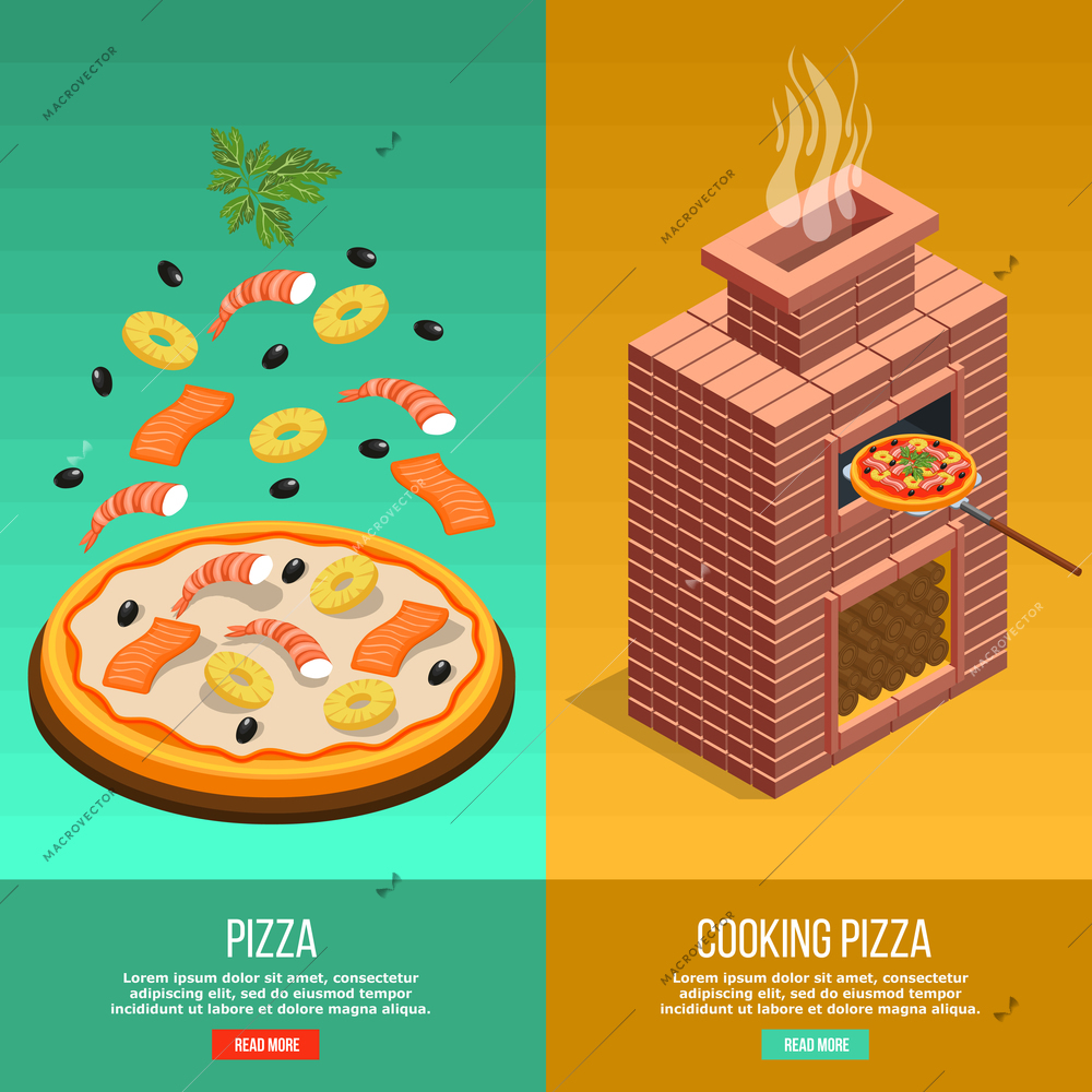 Two vertical pizza baking banner set with cooking pizza headline and read more buttons vector illustration